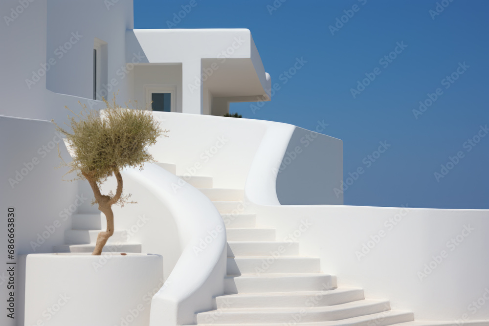 Exterior of a white mediterranean-style house with a blue door and a window, a flowering tree - obrazy, fototapety, plakaty 