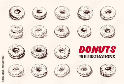 Collection of drawn donuts. Sketch illustration	
