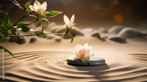 Lotus Flower With Spa Stones In Rock Garden photo