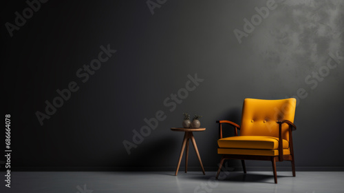 Empty living room wall mockup with modern orange armchair