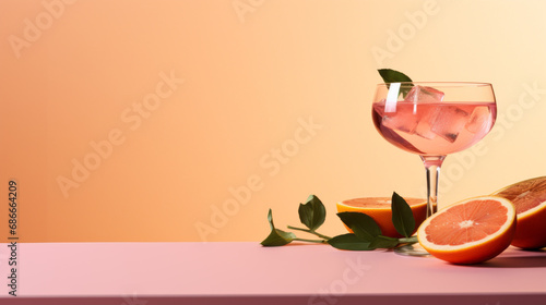 Glass of pink cocktail on color background