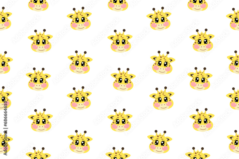 Seamless pattern with cartoon vector kawaii little cute yellow giraffe face or head for kids, baby, children nursery, fabrics Seamless pattern with cartoon vector kawaii little cute yellow giraffe face or head for kids, baby, children nursery, fabrics