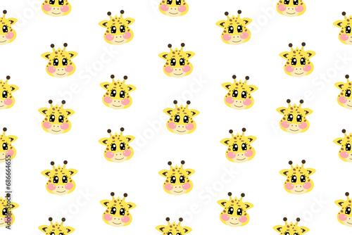Seamless pattern with cartoon vector kawaii little cute yellow giraffe face or head for kids, baby, children nursery, fabrics