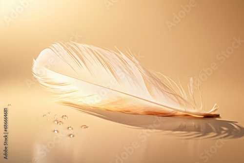 Beautiful white feather on a mirror table with yellow colors  lightness motif.generative ai