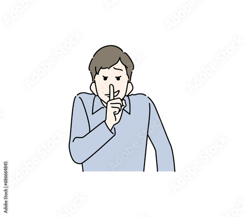 ニヤニヤ笑いながら内緒のポーズをする若い男性