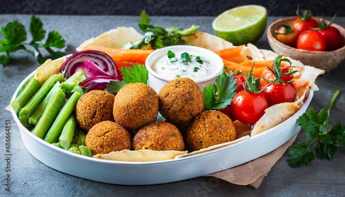 Healthy Middle Eastern Falafel Platter: Crispy Falafel Balls with Fresh Crisp Vegetables