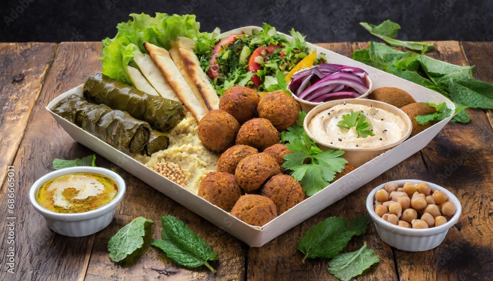 Delicious Falafel Platter with Creamy Hummus and Tangy Pickled Vegetables