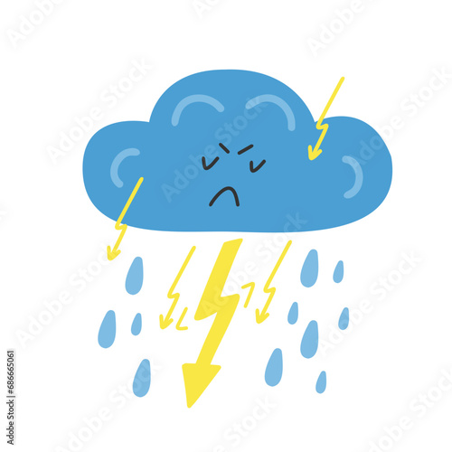 Rainy cloud, rain, storm, thunderstorm. Vector hand-drawn elements on a white background.