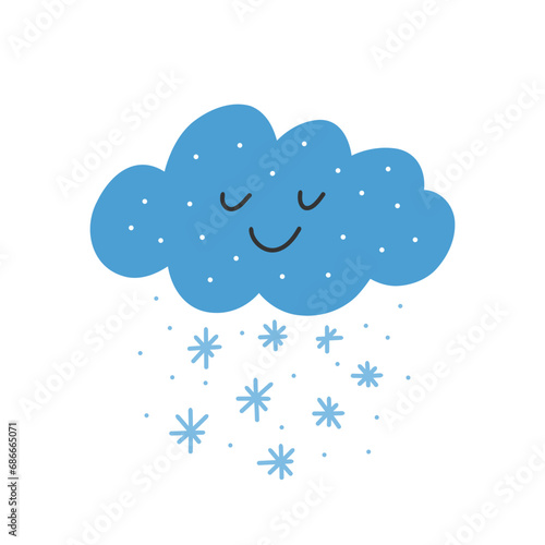 Snow cloud, falling snow from a cute cloud. Vector hand-drawn elements on a white background.