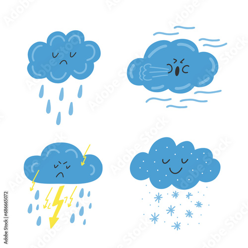 Wind, windy cloud, windy story weather. Vector hand-drawn elements on a white background.