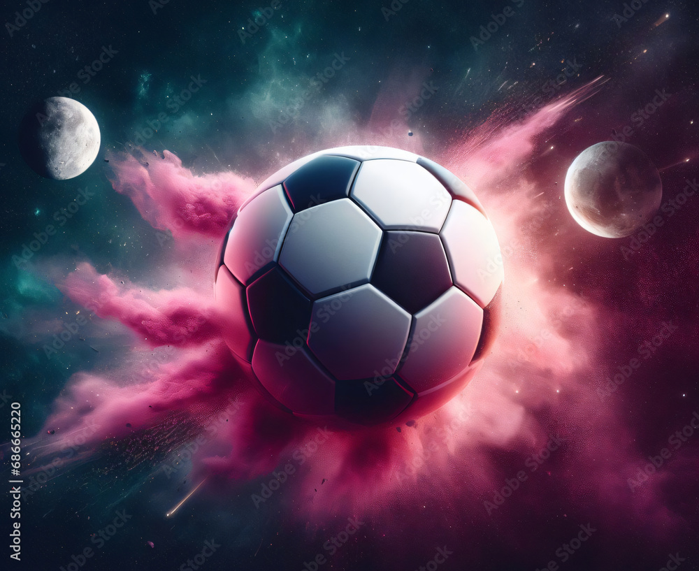 Fototapeta premium Soccer ball as a planet in space with pink smoke and explosions, with the moon in the background, digital art