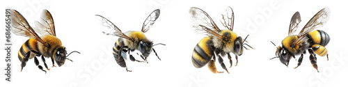 A strikingly realistic depiction of a bee in flight, meticulously detailed and set against a seamless transparent background.