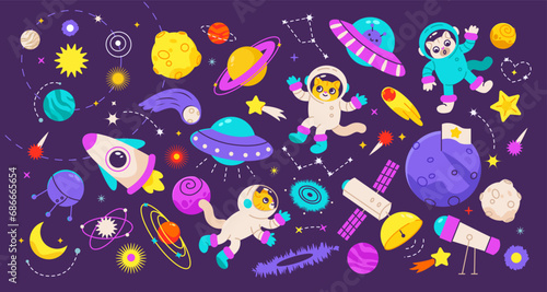 Cute kids space with cats astronauts. Cheerful cat in fantastic galaxy. Flat vector set with planets, spaceships and flying saucers.