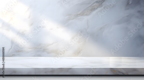 A Clean and Simple Aesthetic Featuring a Rectangular Marble Table Against a Light Gray Marble Wall with Delicate White Veins