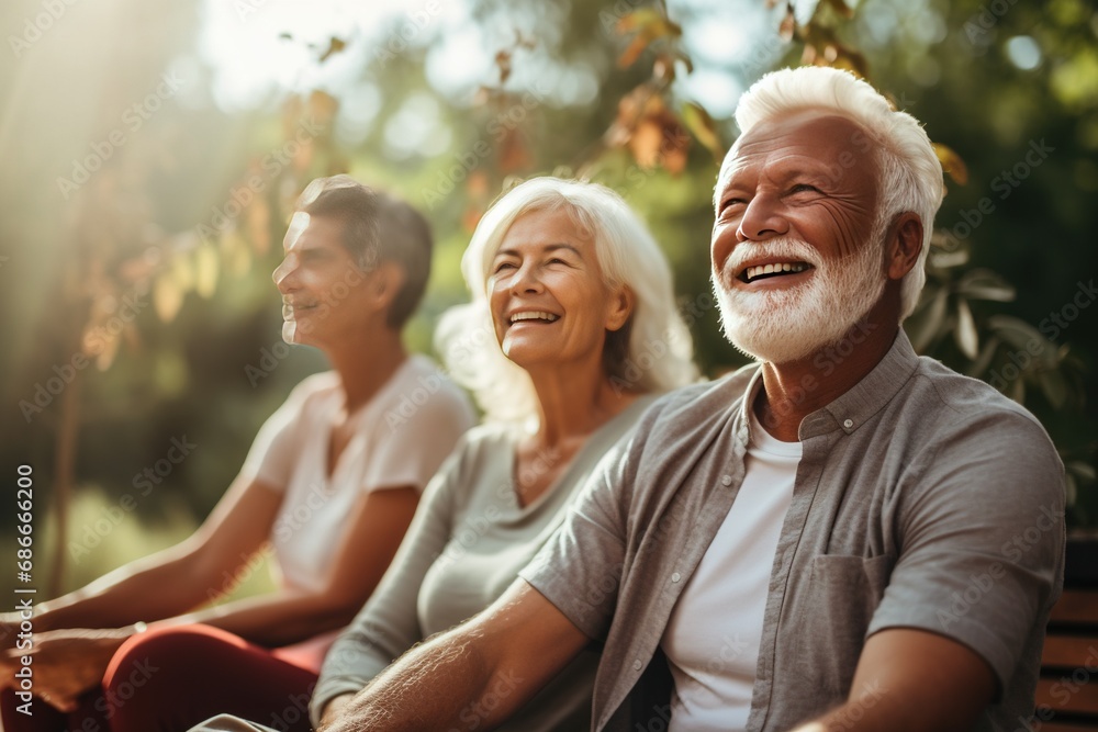 Fototapeta premium Healthy Retirement: Senior Women’s Yoga Friendship Joyful Senior Woman yoga in the park with friend happy retirement life
