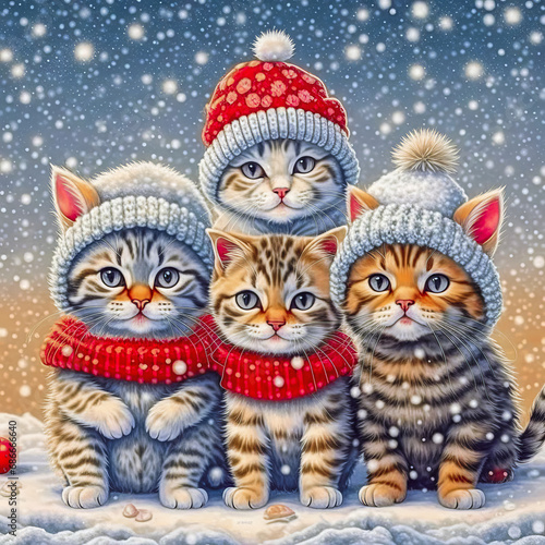 Cute kittens in knitted hats on a snowy background. Christmas background with kitten
