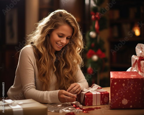 Young woman packing gifts for Christmas