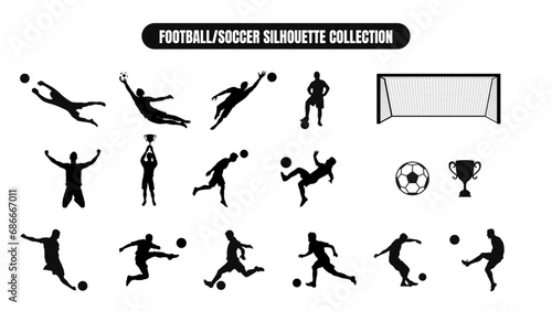 Collection of Soccer Players Silhouette with Different Poses. Silhouette of Football Players and Football Elements, Soccer ball, trophy and Goal Post