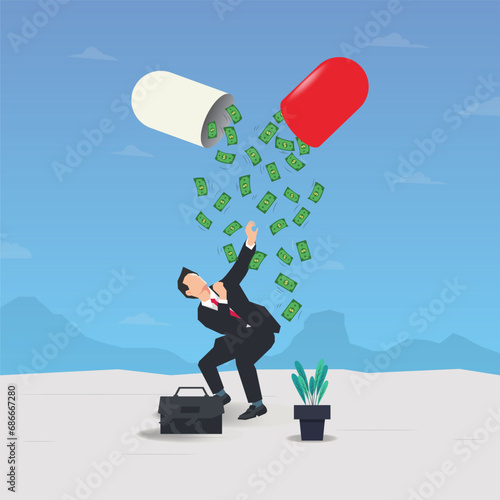 Businessman grabbing a lot of money, greedy for money like addiction vector illustration
