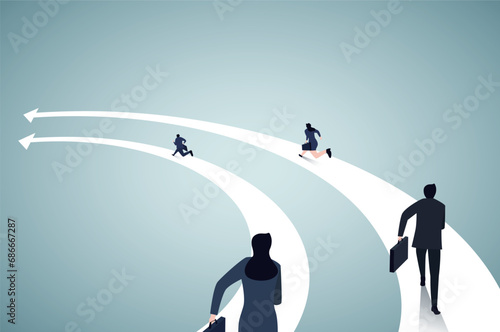 Business people run on the arrows. Concept business competition vector illustration. Flat business cartoon, Speed, Togetherness, Office Team, Back view.