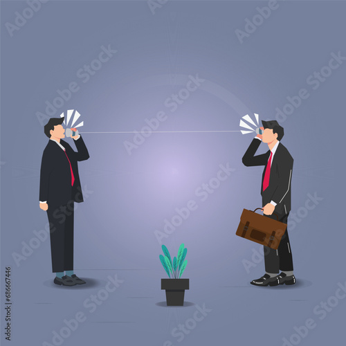 Two businessmen communicating with paper cups vector illustration