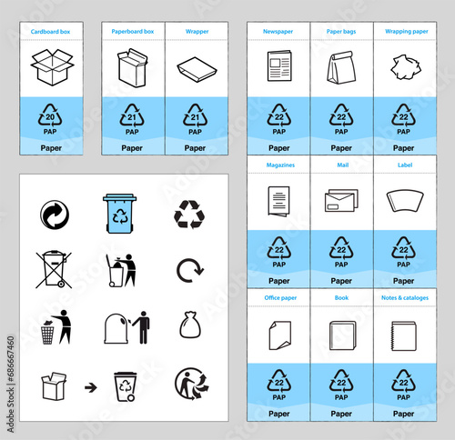 Ready sets of icons for separating paper waste. Vector elements are made with high contrast, well suited to different scales and on different media. Ready for use in your design. EPS10.