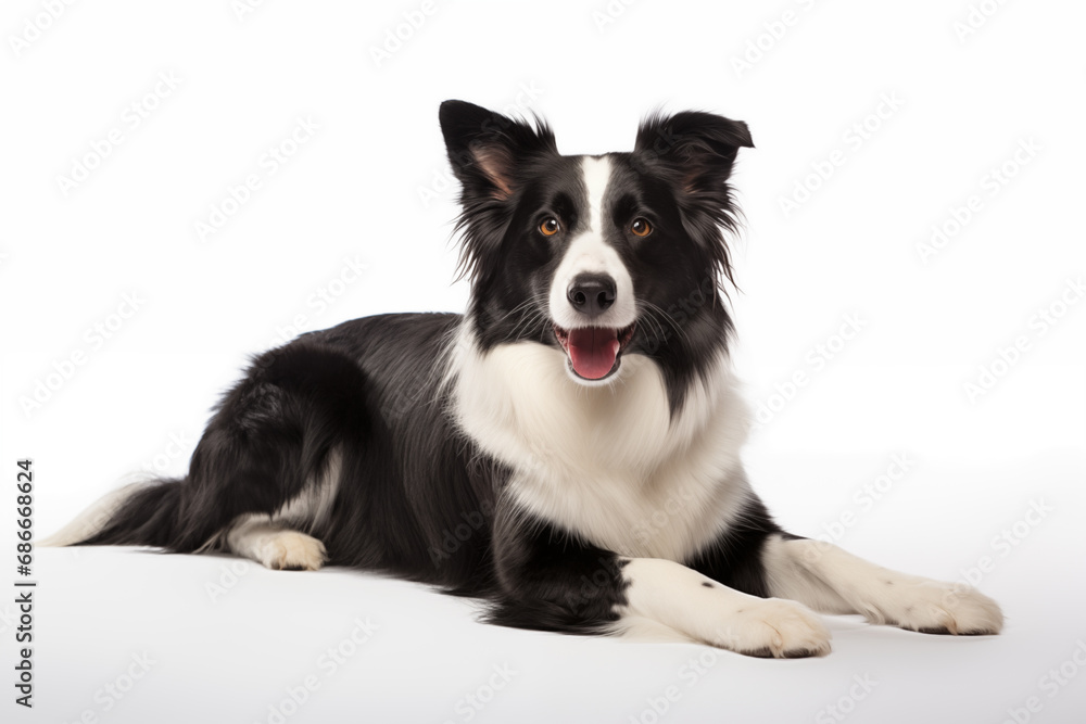 Full size portrait of happy sitting Border Collie dog Isolated on white background