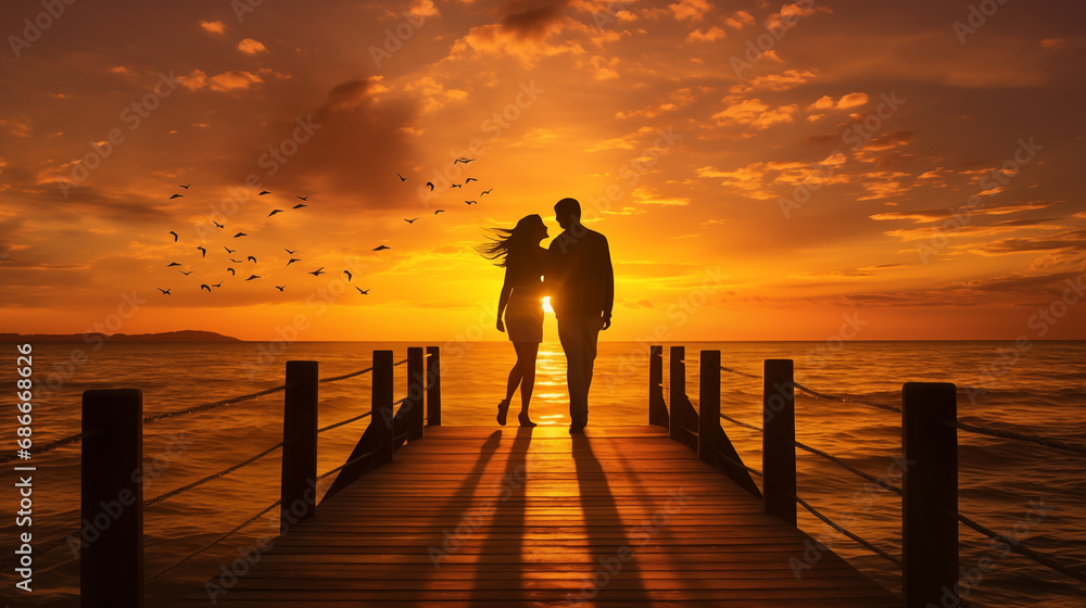Silhouette of a young couple in love walking along the pier towards the sunset against the backdrop of the sea, clouds and flying birds. Back view Silhouette of a young couple in love walking along the pier towards the sunset against the backdrop of the sea, clouds and flying birds. Back view
