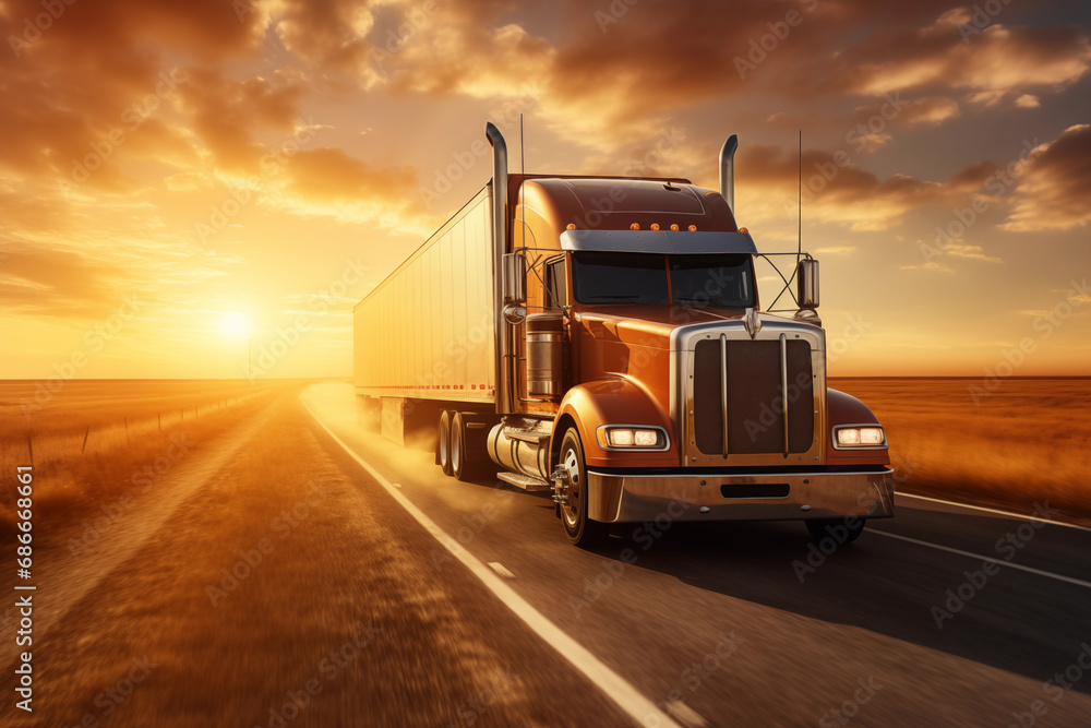 Cargo van drives along the highway against the backdrop of a field and sunset sky. Front view