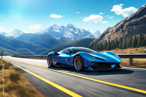 Blue sports car is driving along the highway at high speed against the backdrop of mountains and a blue sky with clouds. Side view © Татьяна Евдокимова