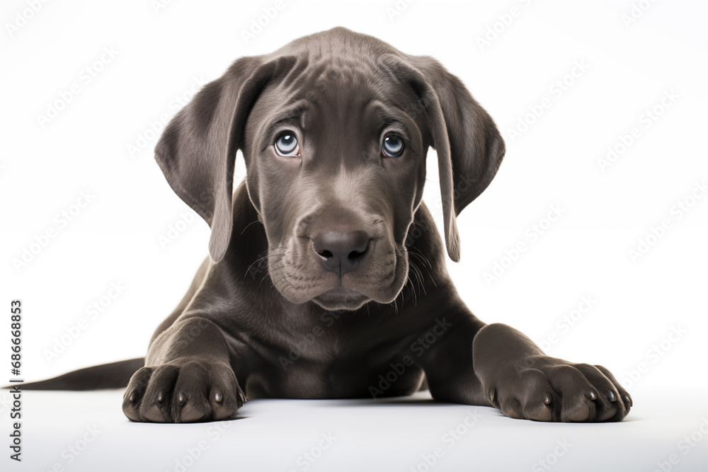 Full size portrait of Great Dane dog puppy Isolated on white background