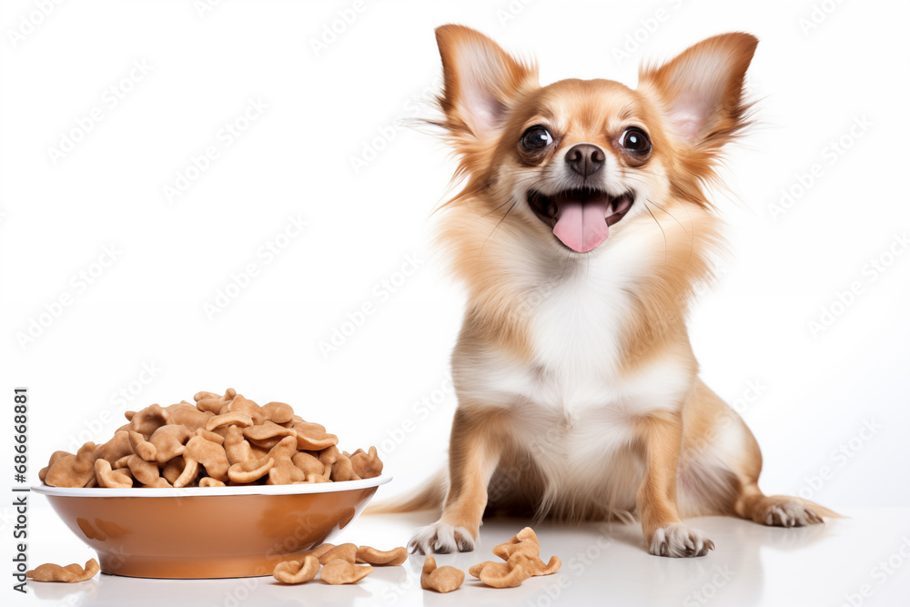 Full size portrait of happy Chihuahua dog with a big bowl of dog food Isolated on white background