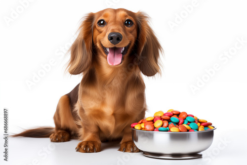 Full size portrait of happy Dachshund dog with a big bowl of dog food Isolated on white background