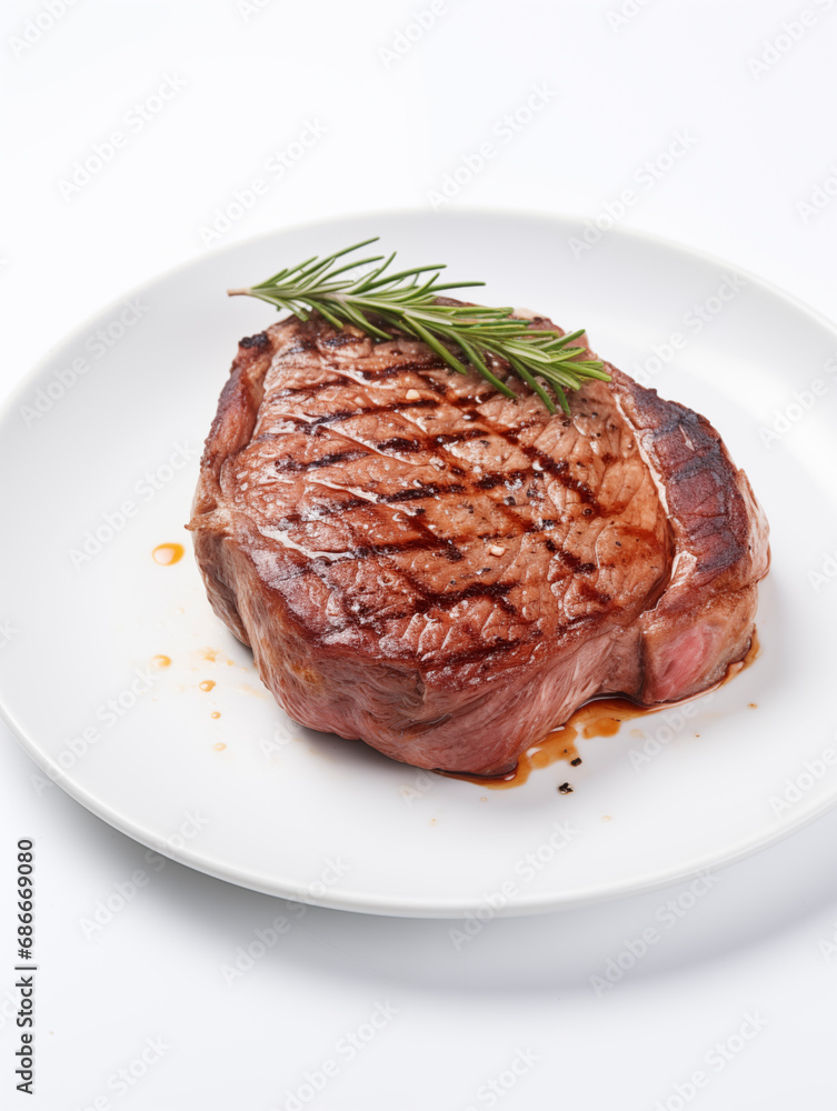 Rib eye steak on white plate 