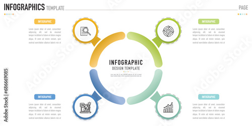 Circular mind map infographic template or element with 4 step, process, option, colorful circle, label, paper origami, rectangle, pie for poster, sale slide, flowchart, workflow, minimal style