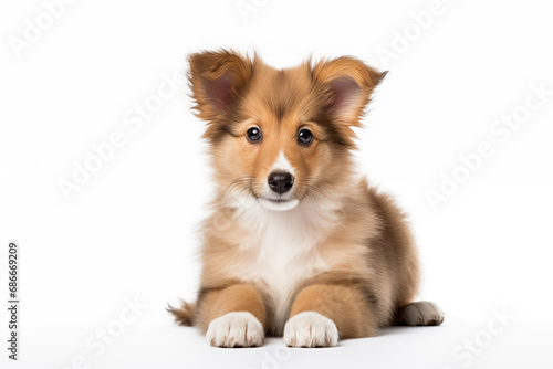 Full size portrait of Shetland Sheepdog puppy Isolated on white background