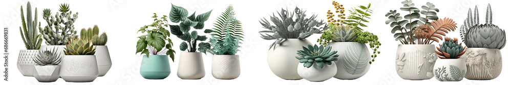 A variety of exquisite plants in elegant ceramic pots showcased against a clear backdrop. A variety of exquisite plants in elegant ceramic pots showcased against a clear backdrop.