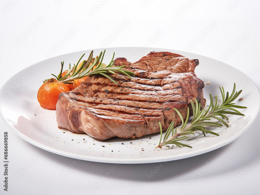 Rib eye steak on white plate 