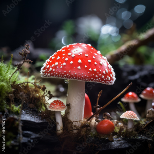 Amanita muscaria or fly agaric is a red and white spotted poisonous