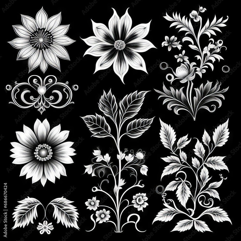 Luxury botanical background with trendy black and white minimalist flowers on a white background.