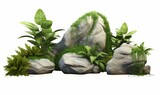 Cutout green tropics gardening decorative with mossy rock set 3d rendering illustration background, Generative AI 