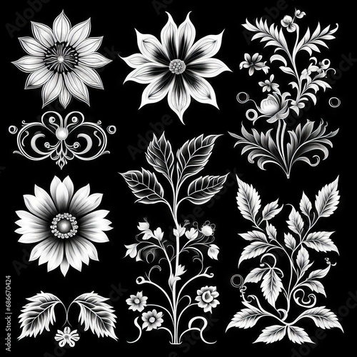 Luxury botanical background with trendy black and white minimalist flowers on a white background.