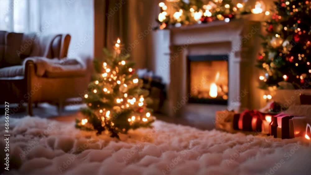 Christmas tree with fireplace animation, Generative AI. Christmas tree with fireplace animation, Generative AI.