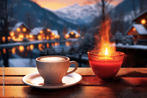 Cozy white porcelain cup of cappuccino on a festive nature winter backdrop.