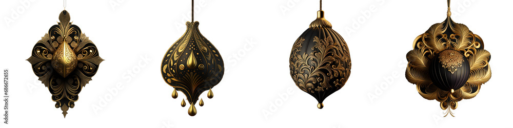 Golden hanging ornament gracefully dangles against a stark black scene, showcased on a sheer backdrop.