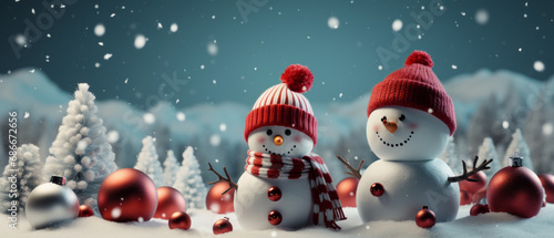 Snowmen standing in winter christmas landscape. Snow background   © muratefe