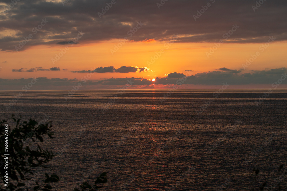 Dramatic Colorful Sunset Sky over Black Sea. Cloudscape Nature Background