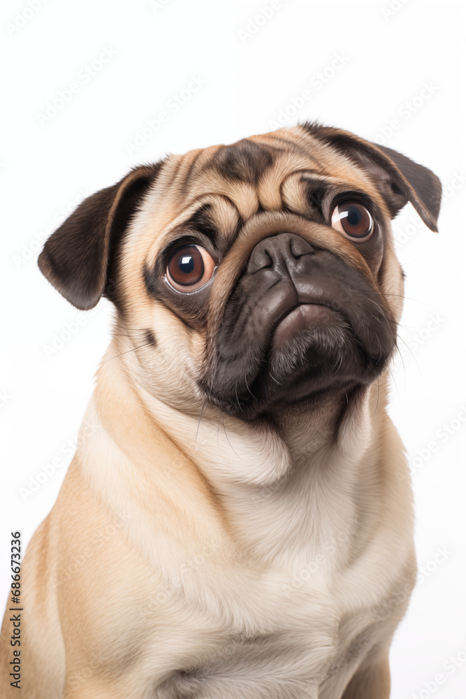 Pug dog in a studio with a white background.