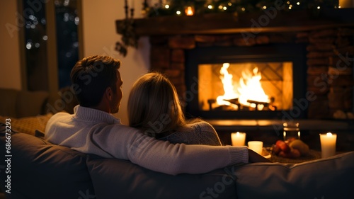 A loving couple sitting peacefully in front of the fireplace, Generative AI