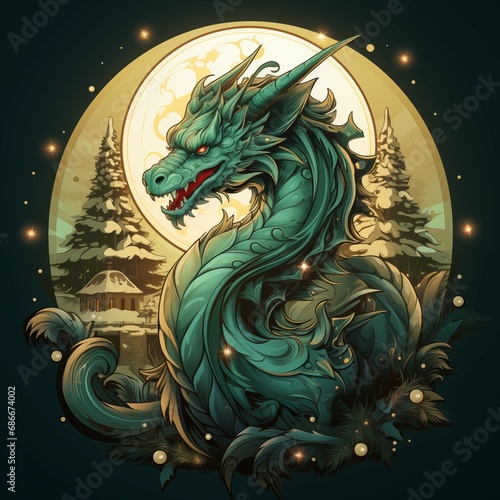 Green dragon with open mouth in a circle on a landscape with snow-covered Christmas trees. Symbol of the New Year 2024. Chinese calendar. AI-generated image. © i-am-helen